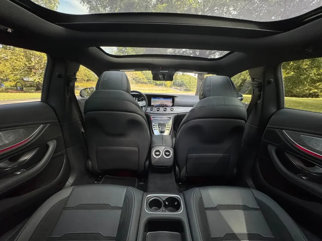 Mercedes-AMG GT 53 rear seats and panoramic roof view