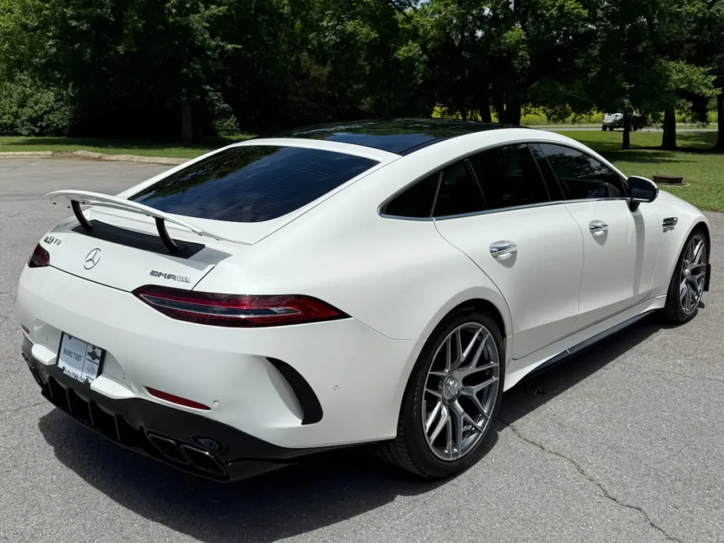 Mercedes-AMG GT 63 S 4-Door Coupe rear view showing spoiler and quad exhaust