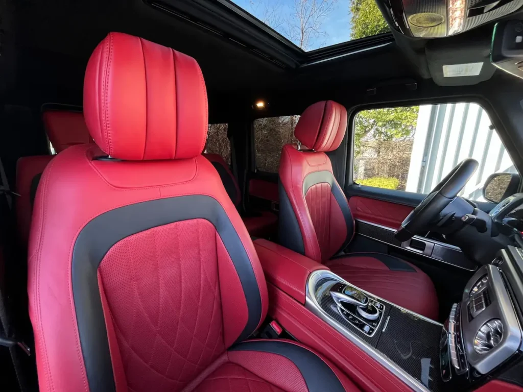 Red leather front seats in 2021 Mercedes-Benz G 550 Exclusive Interior Package