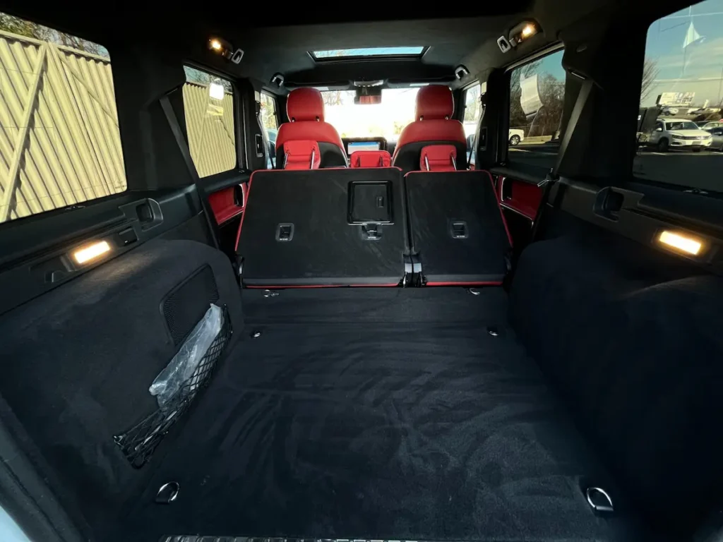 Cargo area of 2021 Mercedes-Benz G 550 with rear seats folded down