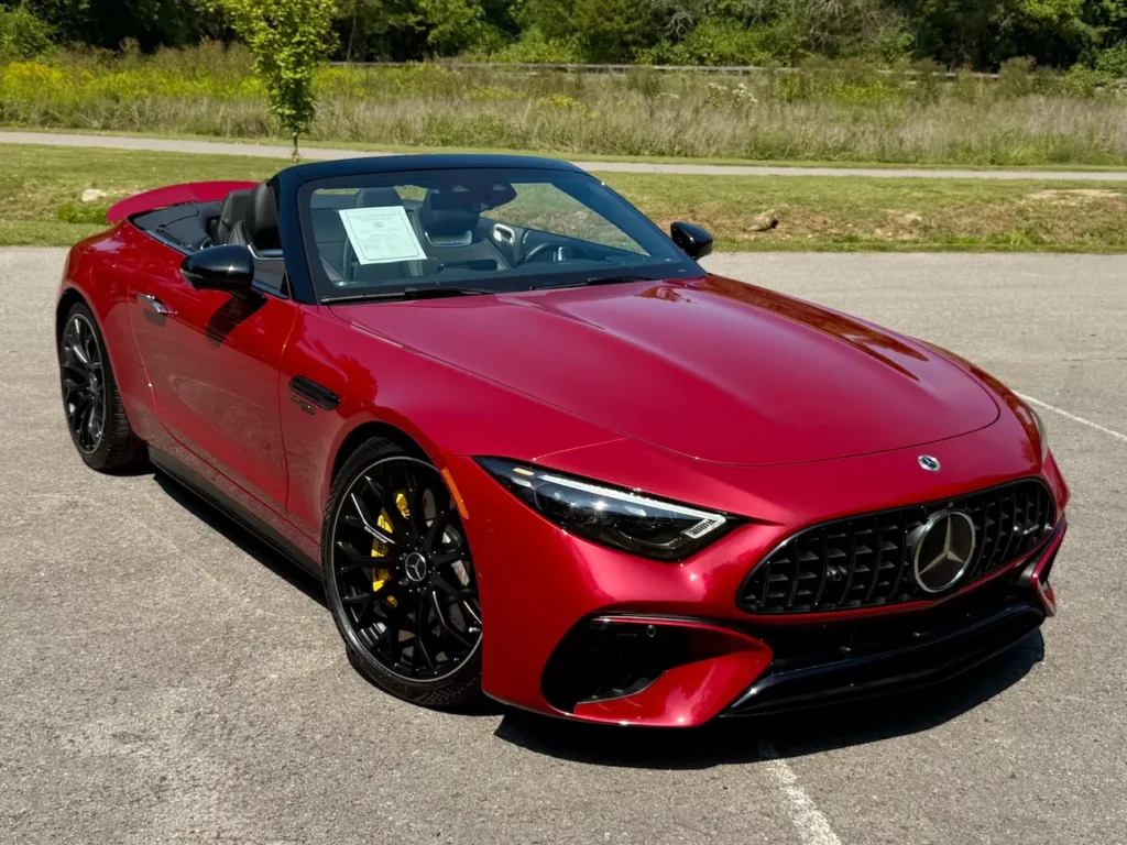 2022 Mercedes-AMG SL63 Roadster in red with black accents, front three-quarter view