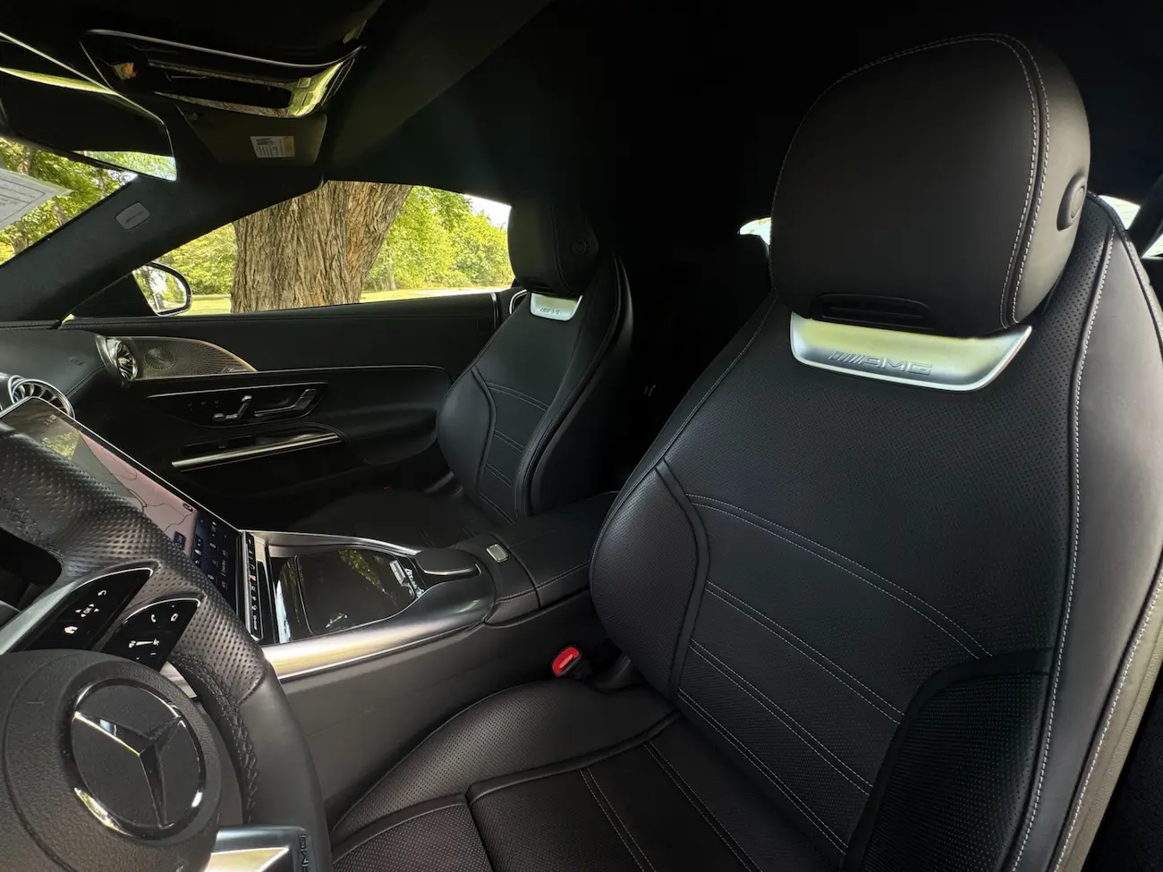 Close-up of AMG sports seat in black leather inside the 2022 Mercedes-AMG SL63 Roadster.
