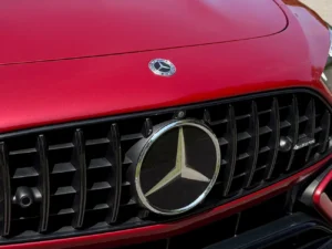 Close-up of Mercedes-AMG grille and badge on 2022 SL Roadster.