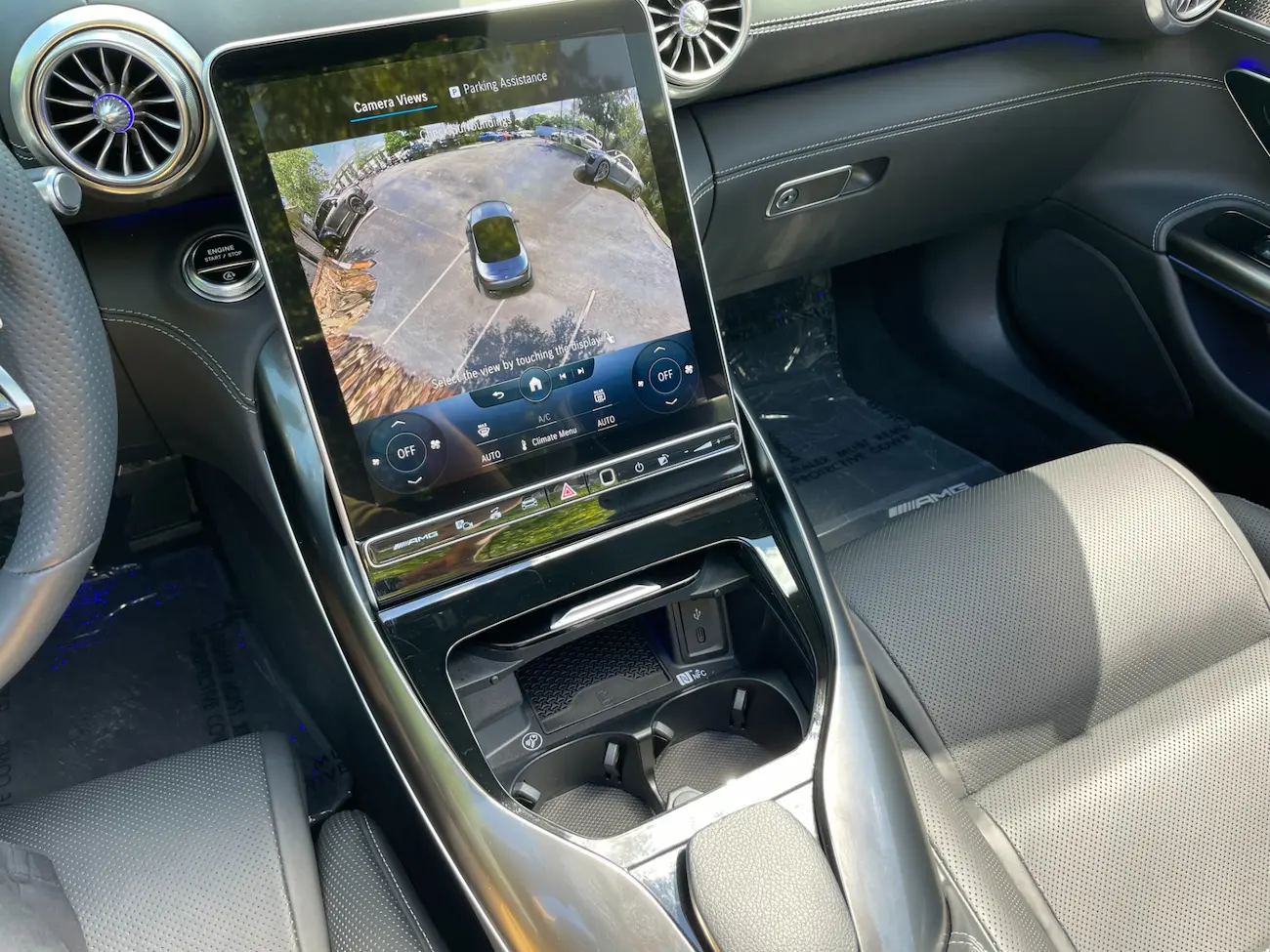 2022 Mercedes-AMG SL63 11.9-inch MBUX infotainment system displaying 360-degree parking assistance camera view.