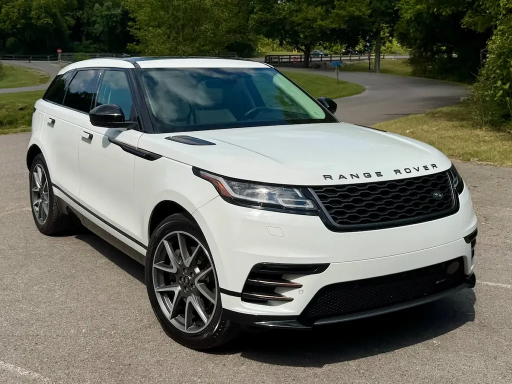 2023 Range Rover Velar P340 R-Dynamic S in white, front exterior view.