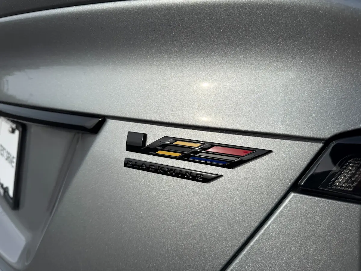 Close-up of the Blackwing badge on the 2024 Cadillac CT5-V trunk lid.