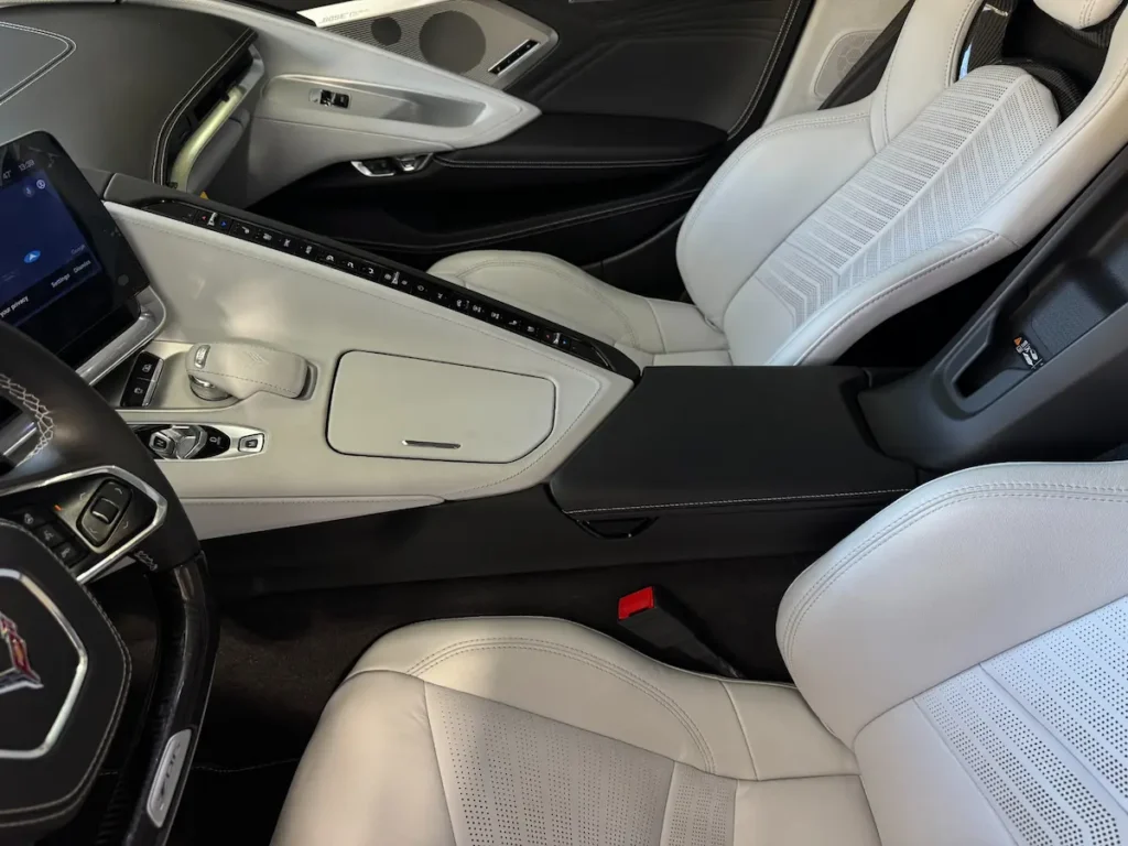 Chevrolet Corvette Z06 interior showing front performance seats and center tunnel