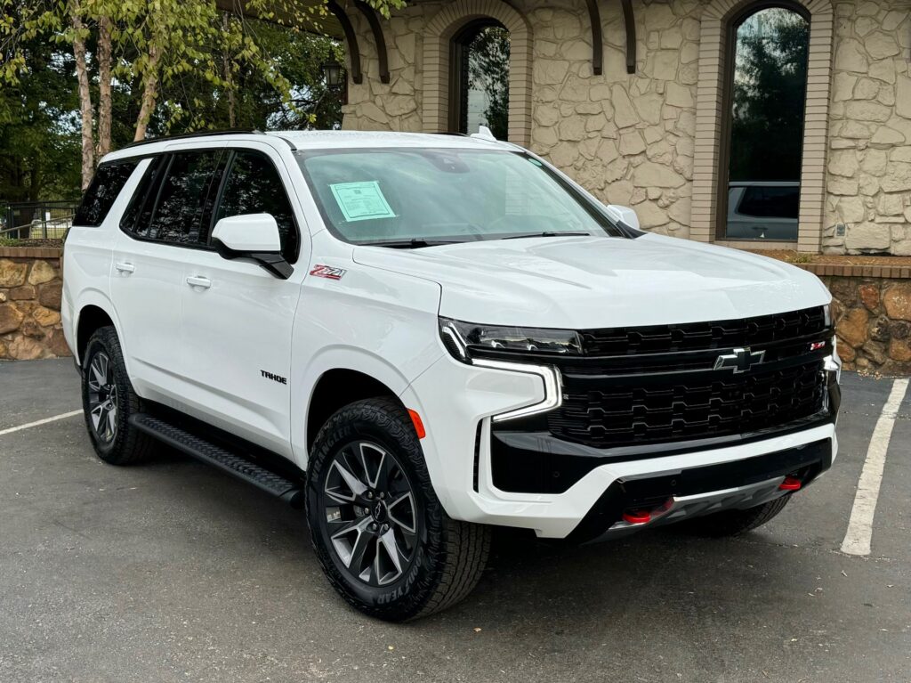 Front view of a white 2024 Chevrolet Tahoe Z71 SUV.