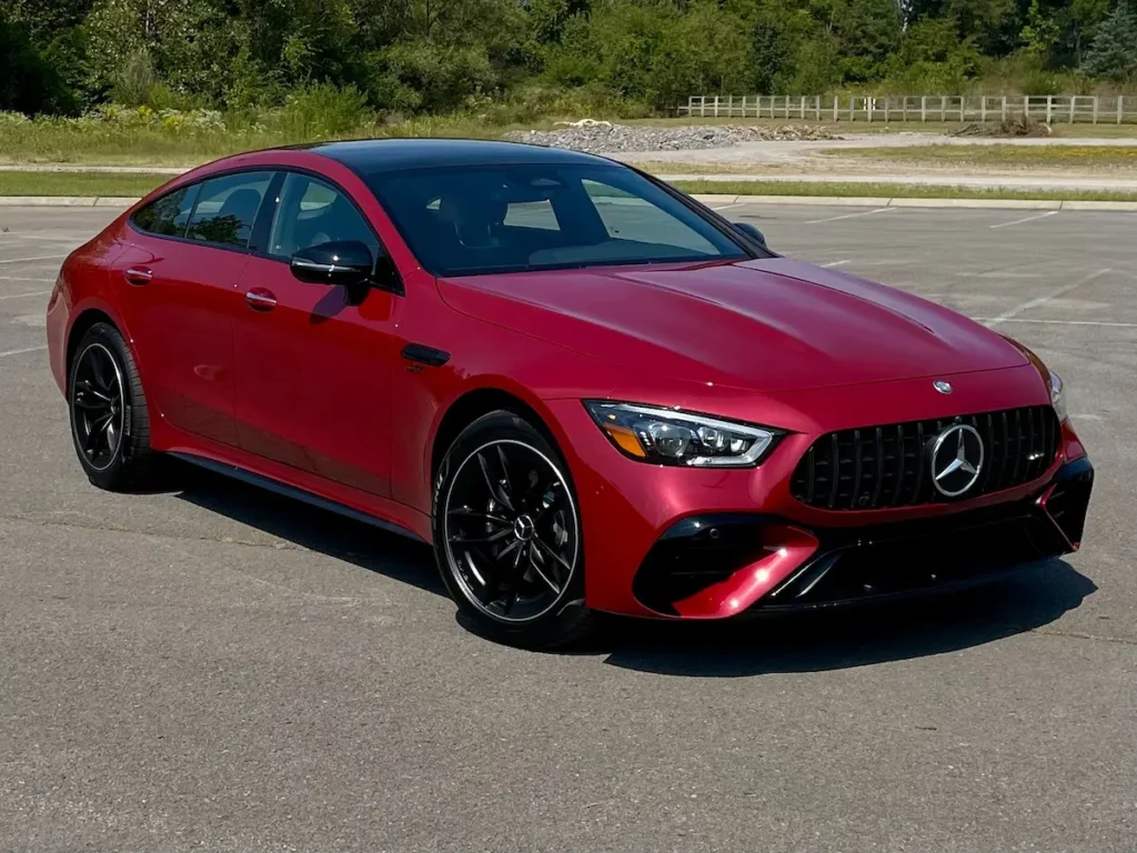 Red Mercedes-AMG GT 43 four-door coupe front exterior view