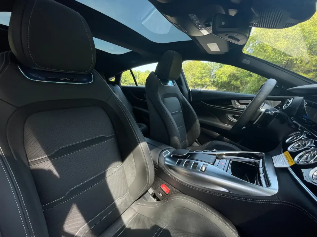 Front sport seats and center console in 2024 Mercedes-Benz AMG GT 43
