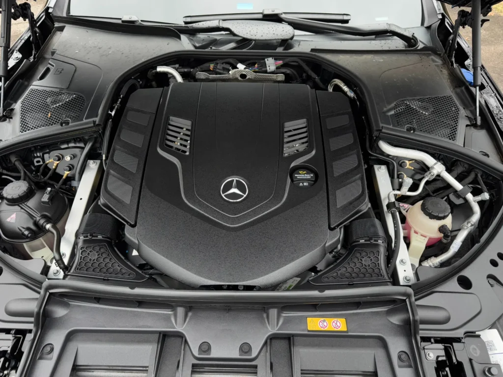 Engine bay of the Mercedes-Benz S580 showcasing its powerful 4.0L V8 Biturbo with EQ Boost.