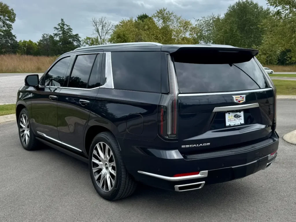 2025 Cadillac Escalade Premium Luxury Platinum rear view showing LED taillights and upscale exterior design.