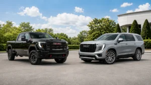 Black GMC Sierra 2500HD AT4X facing a silver GMC Yukon Denali in a luxury truck versus SUV comparison