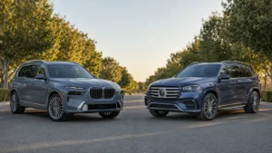 BMW X7 and Mercedes-Benz GLS parked side by side on a tree-lined road