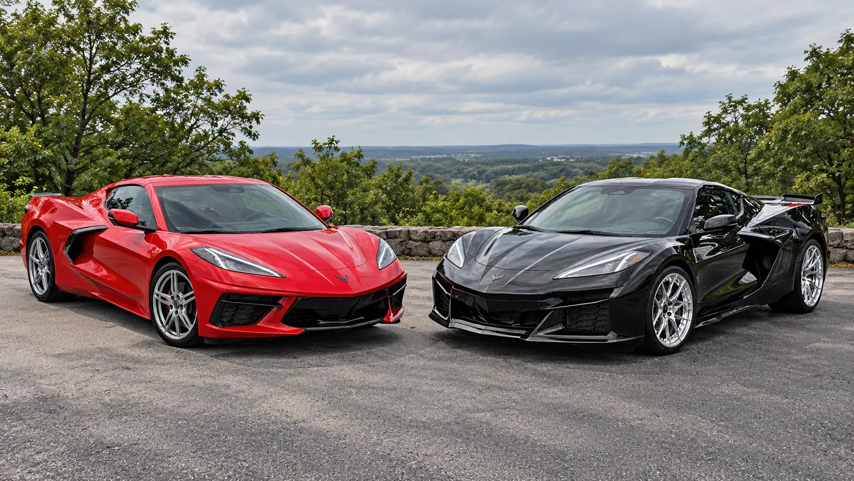 Red Corvette Stingray and black Corvette Z06 parked side by side for a used C8 comparison