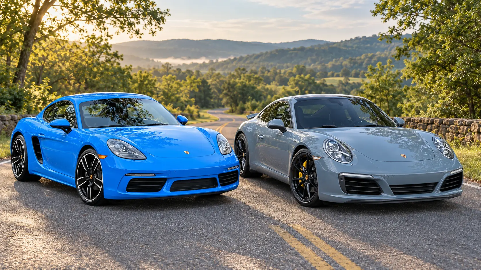 Blue Porsche 718 Cayman beside a gray Porsche 911 Carrera on a scenic road