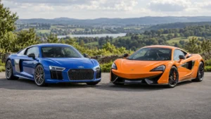 Blue Audi R8 and orange McLaren 570S parked side by side, viewed from the front with green hills behind them.