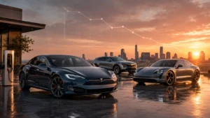 Used luxury EVs including Tesla Model S, Porsche Taycan, and Cadillac Lyriq at sunset