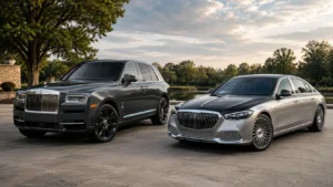Used luxury sedan and luxury SUV comparison with Mercedes-Maybach S-Class and Rolls-Royce Cullinan style vehicles