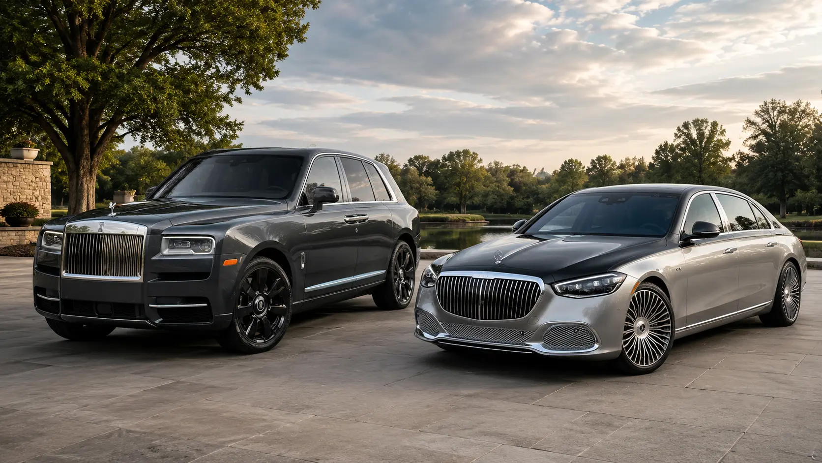 Used luxury sedan and luxury SUV comparison with Mercedes-Maybach S-Class and Rolls-Royce Cullinan style vehicles